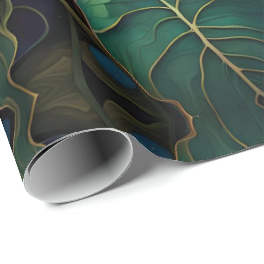 Papier Cadeau Dahlias Et Papillon Vert Bleu Iridescente (Coin rond)