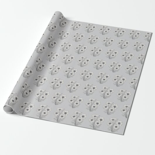 Papier Cadeau Daisy Sketch Sur Grey (Déroulé)