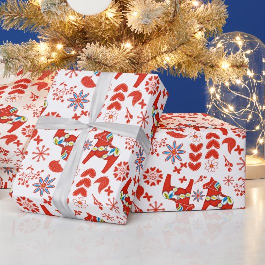 Papier Cadeau Dala d'art populaire suédois Cheval Rouge motif fl (Vacances)