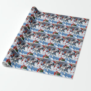 Papier Cadeau Dalmatien courant dans la neige avec un chapeau de