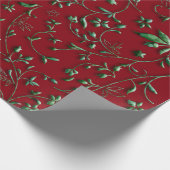 Papier Cadeau Damas Feuilles Vertes Sur Rouge (Coin)