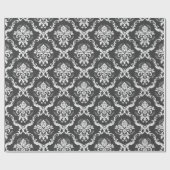 Papier Cadeau Damas florales blanches motif sur gris foncé (Plat)