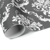 Papier Cadeau Damas florales blanches motif sur gris foncé (Coin rond)