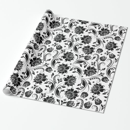 Papier Cadeau Damas Florales Gris Et Blanc (Déroulé)