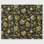 Papier Cadeau Damas Florales Noir Et Métallique (Plat)