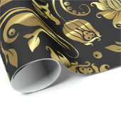 Papier Cadeau Damas Florales Noir Et Métallique (Coin rond)