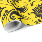 Papier Cadeau Damas Florales Noires Sur Jaune (Coin rond)