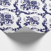 Papier Cadeau Damas Floraux Bleus Blancs Et Marine (Coin)