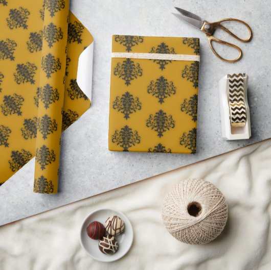 Papier Cadeau Damas noir sur motif jaune moutarde (Artisanat)
