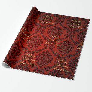 Papier Cadeau Damas Rouge avec Joyeux Noël en écriture dorée
