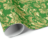 Papier Cadeau Damas Vintage Or Et Vert (Coin rond)