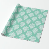 Papier Cadeau Damask blanc sur Aqua Motif (Déroulé)