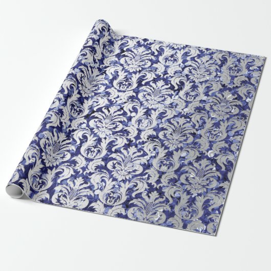 Papier Cadeau Damask Parties scintillant Blue Navy Silver Grey R (Déroulé)