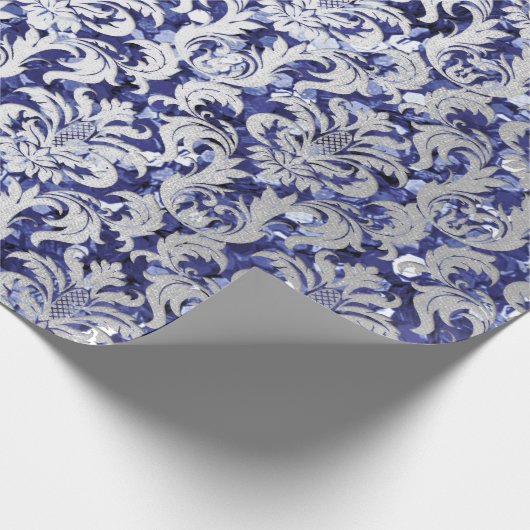 Papier Cadeau Damask Parties scintillant Blue Navy Silver Grey R (Coin)
