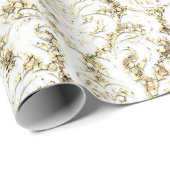 Papier Cadeau Damask Parties scintillant Faux Gold White Royal L (Coin rond)