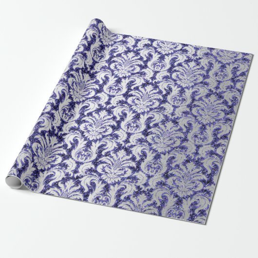 Papier Cadeau Damask Parties scintillant Indigo Silver Grey Roya (Déroulé)
