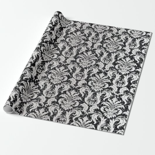 Papier Cadeau Damask Parties scintillant Silver Grey Black Royal (Déroulé)
