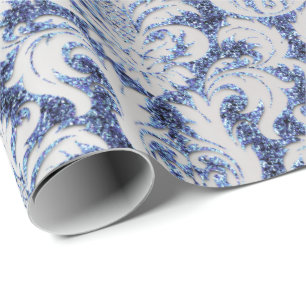 Papier Cadeau Damask Parties scintillant Silver Grey Royal Sapph