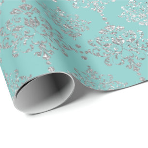 Papier Cadeau Damask Silver Grey Royal Metallic Aqua Blu