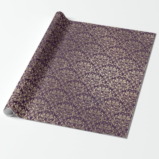 Papier Cadeau Damask Violet Purple Grape Plum Gold Metal Bride (Déroulé)
