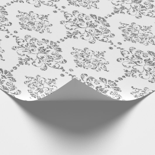 Papier Cadeau Damask White Royal Grey Parties scintillant en arg (Coin)