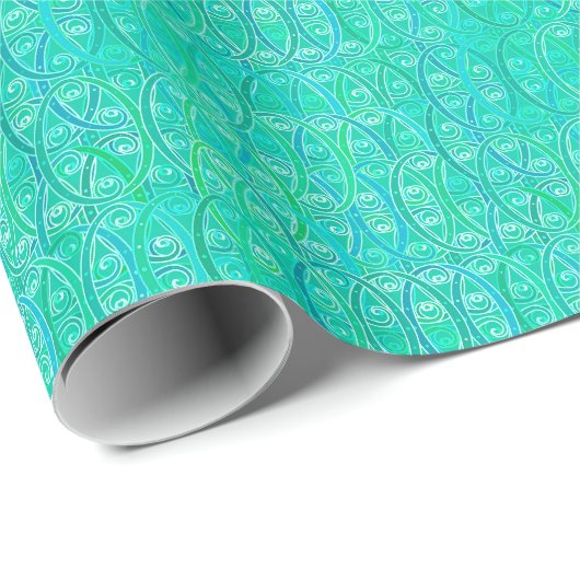 Papier Cadeau damassé arabesque - aqua et turquoise (Coin rond)