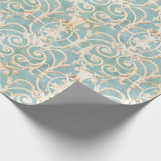 Papier Cadeau Damassé bleue et beige élégante (Coin)