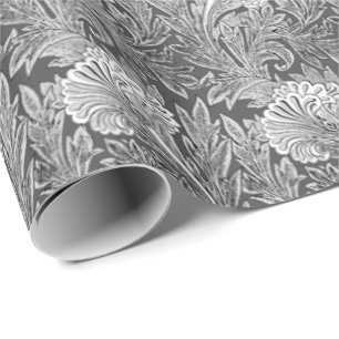 Papier Cadeau Damassé de fleur, gris Jacobean/gris et blanc