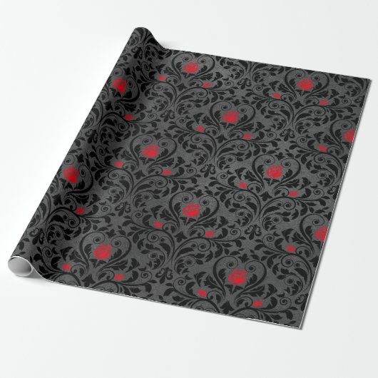 Papier Cadeau Damassé de rose rouge et de noir (Déroulé)