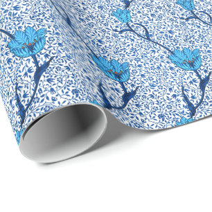 Papier Cadeau Damassé de tulipe de Nouveau d'art, bleu de cobal