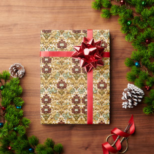 Papier Cadeau Damassé floral victorien doré avec sauge