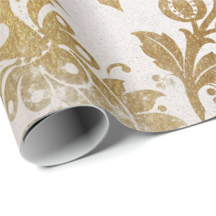 Papier Cadeau Damassé sale de cottage floral nacré blanc d'or