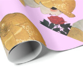 Papier Cadeau DAME À LA ROSE ROUGE / Beauté Mode ,Lilas (Coin rond)