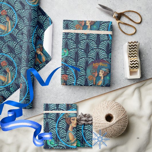 Papier Cadeau Dame Art déco des années 20 en bleu