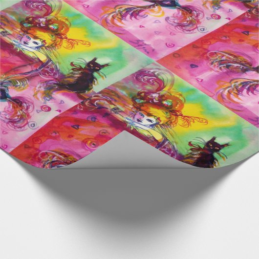 Papier Cadeau DAME AVEC CHAT NOIR ET MASK Masquerade Nuit (Coin)