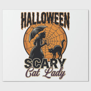 Papier Cadeau Dame de chat effrayante Halloween Sorcière Web Vin