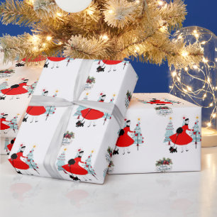 Papier Cadeau Dame de Noël vintage 1950 avec Terrier Écossais