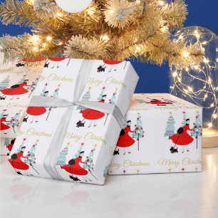 Papier Cadeau Dame de Noël vintage 1950 avec Terrier Écossais