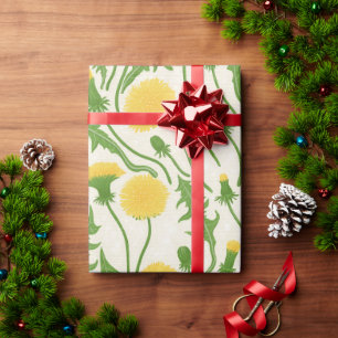 Papier Cadeau Dandelions, vert, jaune et blanc
