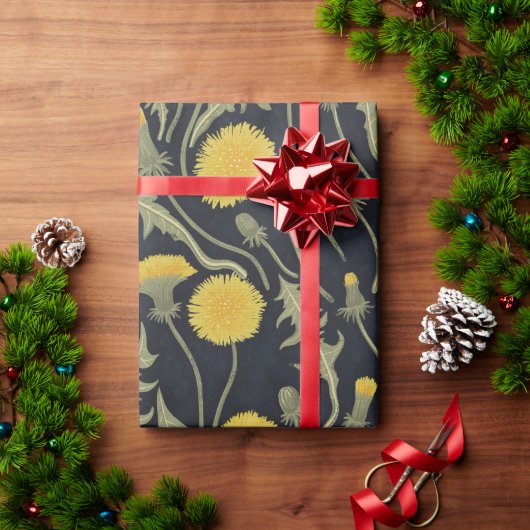 Papier Cadeau Dandelions, vert, jaune et noir (Cadeau de vacances)