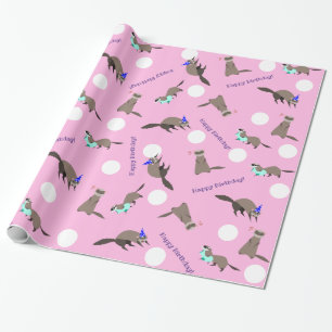 Papier cadeau d'anniversaire furet rose blanc