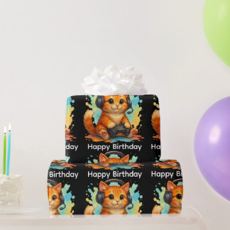 papier cadeau d'anniversaire pour joueur avec chat