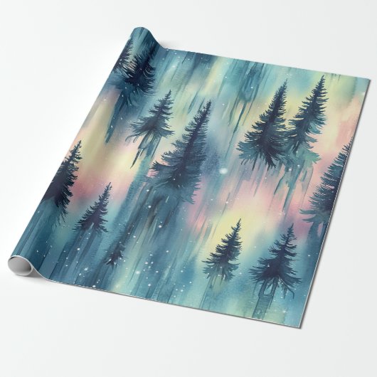 Papier Cadeau Dark Aurora Borealis Night Forest (10) (Déroulé)