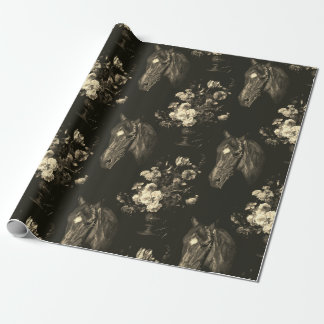 Papier Cadeau Dark Beige Brown Elegant Vintage Horse Floral