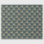 Papier Cadeau Dark Blue Plaid with Faux Gold Reindeer Holiday (Plat)