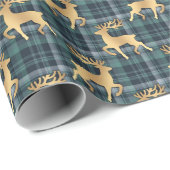 Papier Cadeau Dark Blue Plaid with Faux Gold Reindeer Holiday (Coin rond)