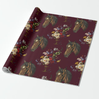 Papier Cadeau Dark Burgundy Elegant Vintage Horse Floral