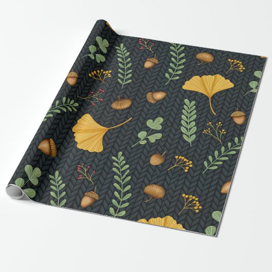 Papier cadeau Dark Fall avec feuilles de Ginkgo et (Déroulé)