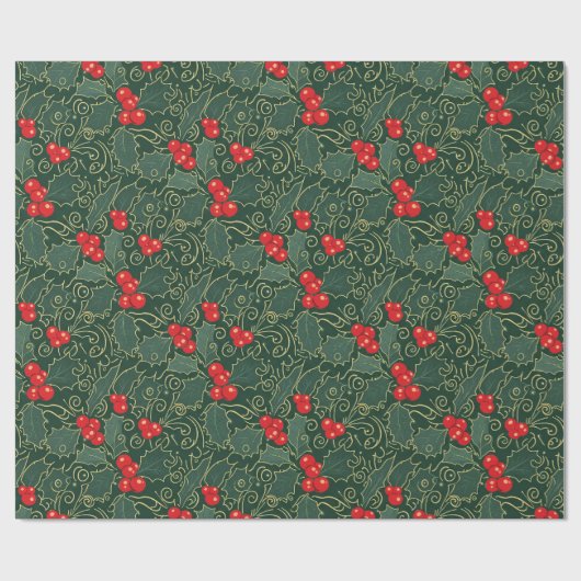 Papier Cadeau Dark Green and Gold Filigree Holly ID1220 (Plat)
