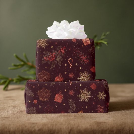 Papier Cadeau Dark Modern Elegant Holiday Patterns Pine Berry